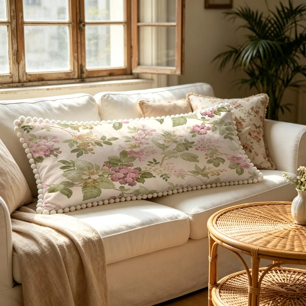 1PC Nude Pink Background with Pink Purple Wisteria and Green Leaves, Watercolor Romantic Floral Long Pillow Cover with Pom Pom
