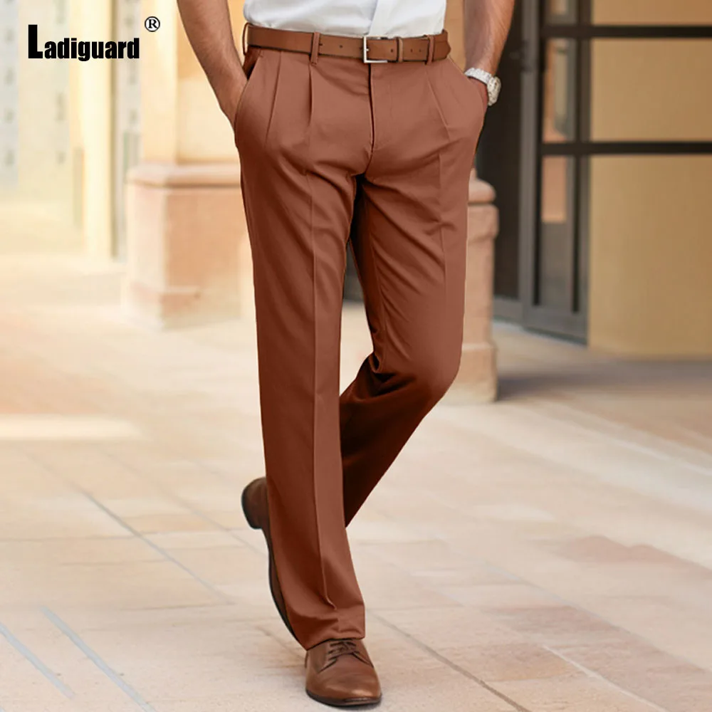 Plus Size Mens Elegant Straight Pants Solid Brown Gray Formal Party Wedding Trousers Men Fashion Zipper Pockets Basic Suit Pants