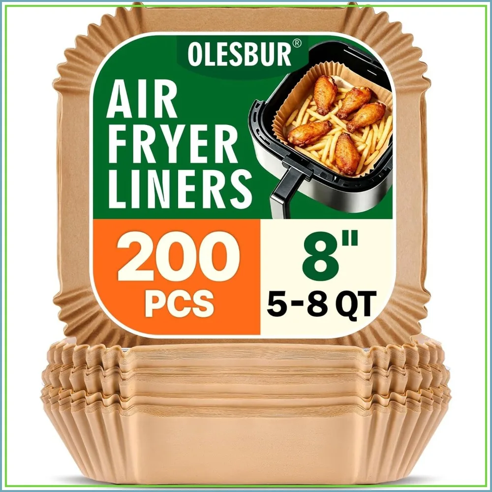 200Pcs 8 Inch Air Fryer Paper Liners, Disposable, Unbleached, Non-Stick, Leakproof, BPA-Free, for Baking & Frying