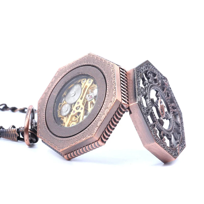 Reloj de bolsillo mecánico con tapa automática octogonal, nostálgico, tallado romano, hueco, clásico, Retro, reloj mecánico, Custo