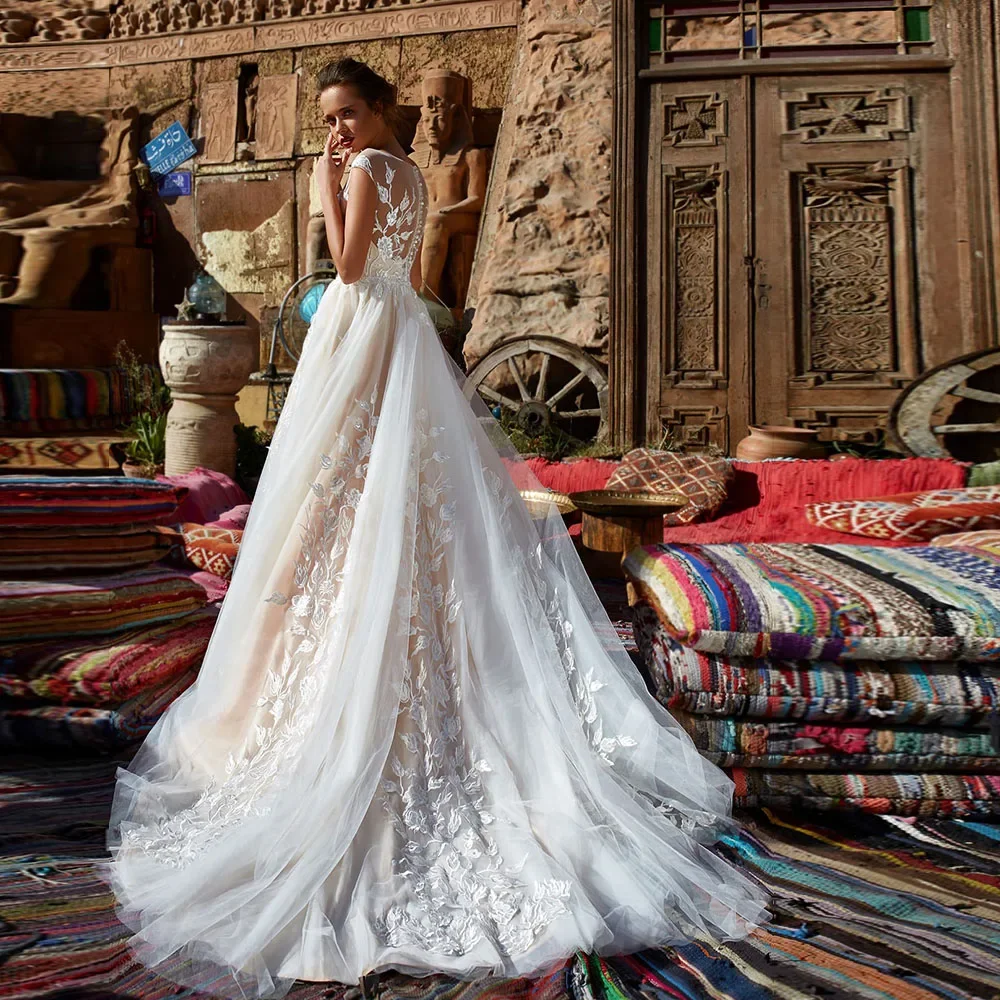 Vestido de boda hecho a medida, cuello redondo, manga casquillo, botones, apliques de encaje, tul, vestidos de boda, Vestido de moda Branco