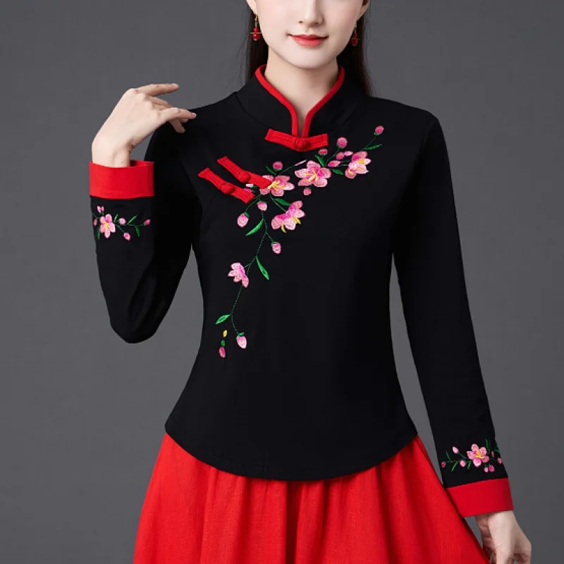 Cheongsam Women's Plus Size Tops 2023 Spring Cotton Blend Embroidery Stand Collar Chinese Style Tang Costume Qipao Shirts Woman