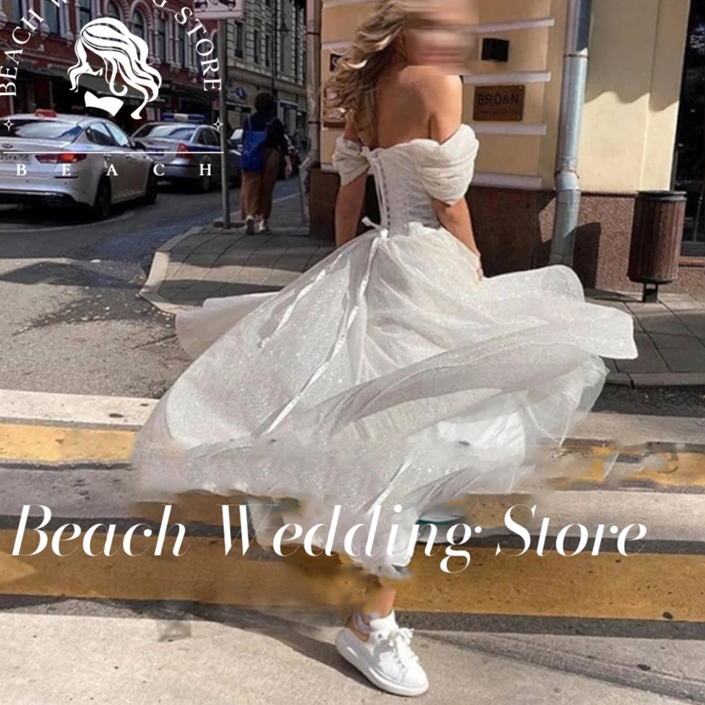 Beach Customized Bohemian Wedding Dresses Boho Off The Shoulder Short Sleeves Back Lace Up Bridal A-Line Corset Bride Robes