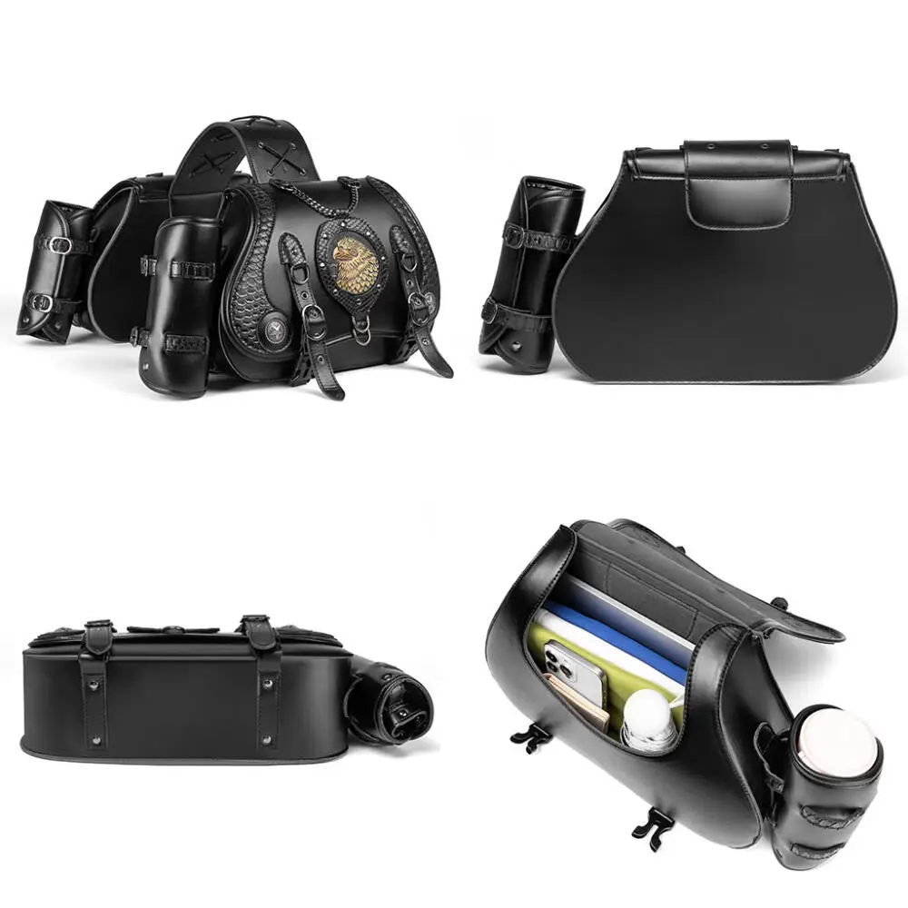 Industrial Retro Style Heavy-Duty Motorcycle Side Bag Embossing Eagle Partern Pu Leather Knight Hanging Bag Medieval Steampunk