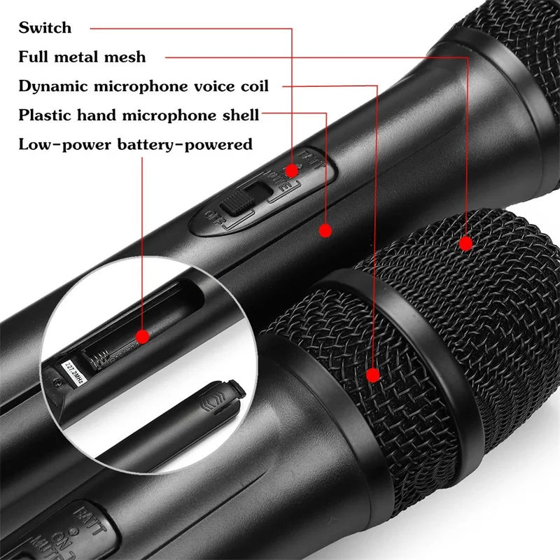 Wireless Microphone 2 Channels VHF Professional Dual Handheld Dynamic Mic For Wedding Party Karaoke Church Show Meeting