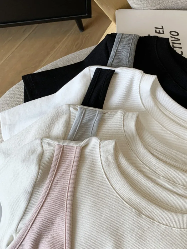 Cseta de Manga Corta con Cuello Redondo y Bloques de Color Estilo Coreano para Mujer, Top de Moda Único para Otoño, Tejido...