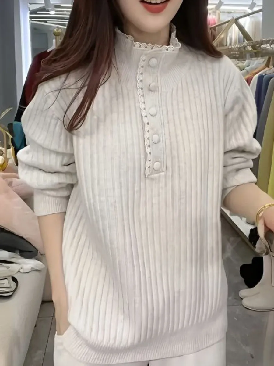 

Fashionable Simple Stand Collar Ruffle Striped Knitwear Jacket Women's Spring Autumn Loose Stylish Ageless Multi-piece Set