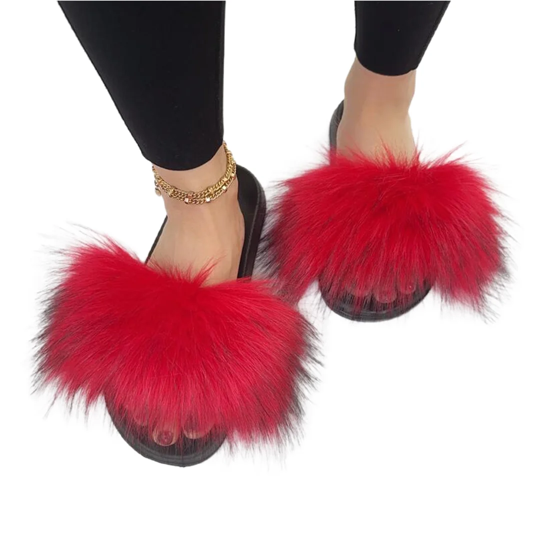 Hot Summer Women faux Fox Fur Slippers Fur Slides Female Indoor Flip Flops Casual Raccoon Fur Sandals Furry Fluffy Plush Shoes