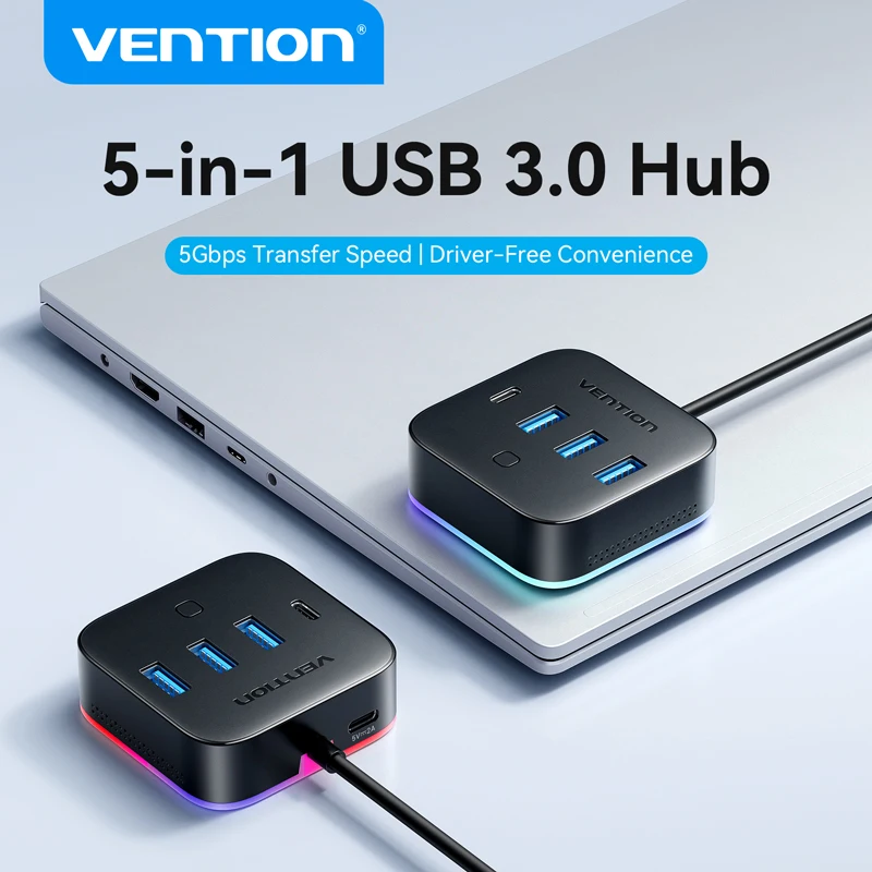 Vention USB A HUB RGB Light Switch Multiport USB 3.0 Ports Hub USB C 3.2 Gen1 5Gbps Desktop Hub Adapter for PC Laptop Accessory