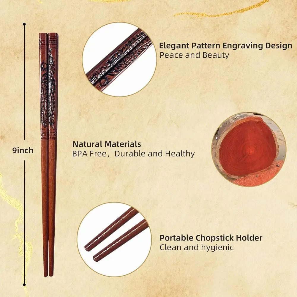 9 Inch Reusable Wooden Chopsticks Set - Hand-Carved Dragon & Phoenix Design, Non-Toxic, Non-Slip Grip for Asian Cuisine