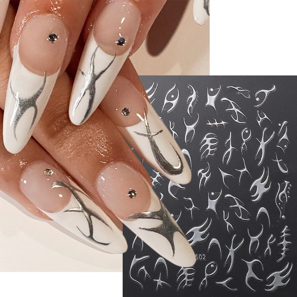 3D Silver Flame Nail Sticker Gold Bronzing Stripe Lines cursori per unghie Y2K Tribal Pattern decalcomanie Love Heart tatuaggi GLBTF-S