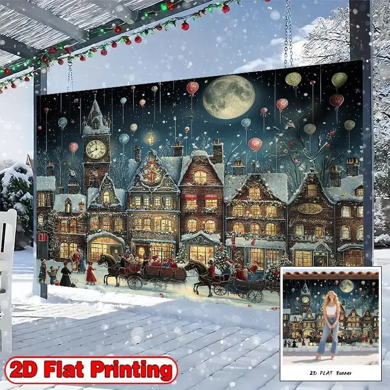 2D Flat, 1pc Retro European Christmas Street Banner - Snowy Victorian Village Scene with Red Roofs & Twinkling Lights, Self-Lit