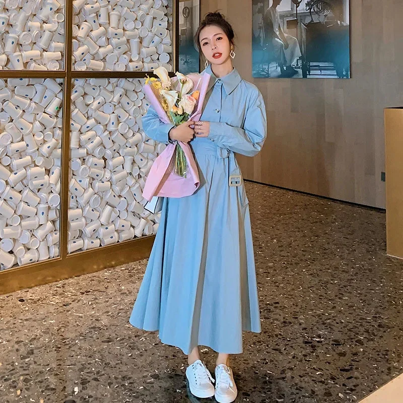 Mulheres cor combinando vestido 2025 outono manga longa camisa elegante primavera longo a linha vestido casual estilo de rua vestidos mujer 123