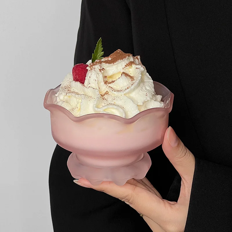 Ins Floral Shape Glass Bowl Transparent Pink Ice Cream Bowl Household Kitchen Cake Dessert Tableware Resturant Yogurt Salad Bowl