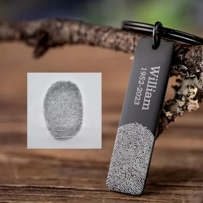 Personalized Fingerprint Keychain Custom Engraved Name Date Text Stainless Steel Bar Key Ring Memorial Keepsake Gift Jewelry