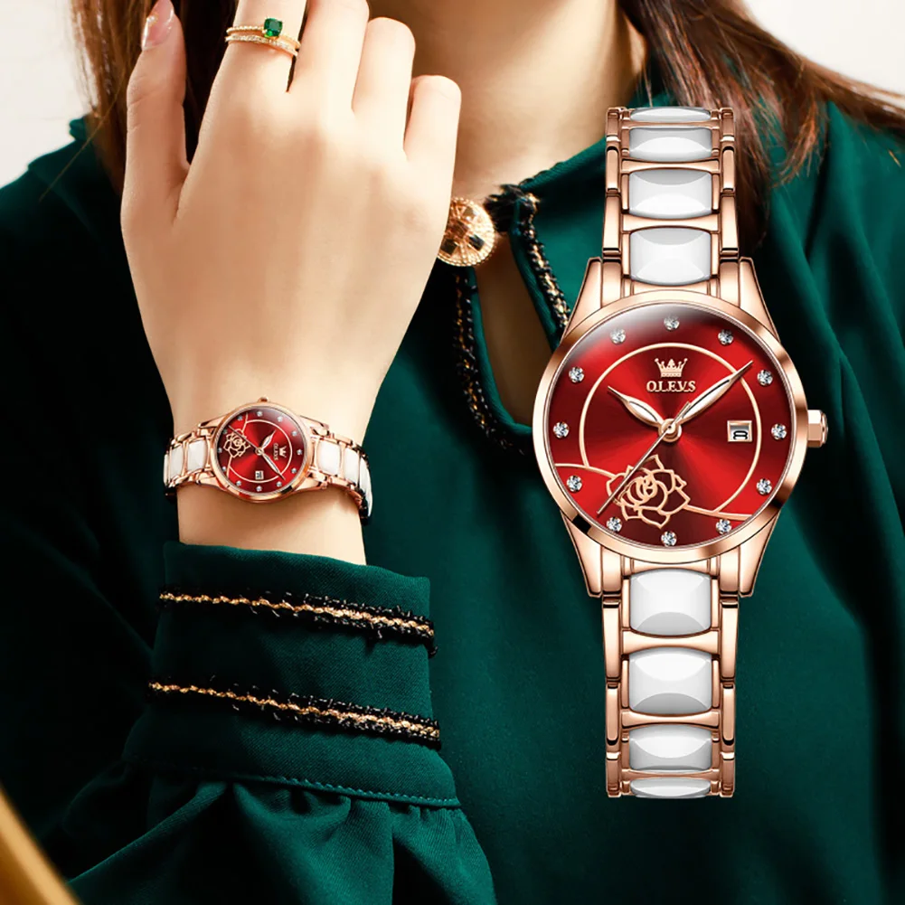 OLEVS Women's Watches Ceramic Strap Quartz Wristwatch Fashion Elegant Luxury Original Brands Camellia Dress Gifts Box For Ladies