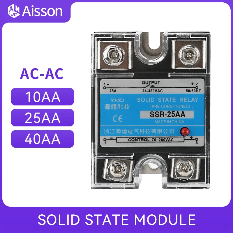 SSR-10AA 25AA 40AA Jednofazowy przekaźnik półprzewodnikowy AC sterowany AC SSR z plastikową osłoną przeciwpyłową Radiator 220V 10A 25A 40A