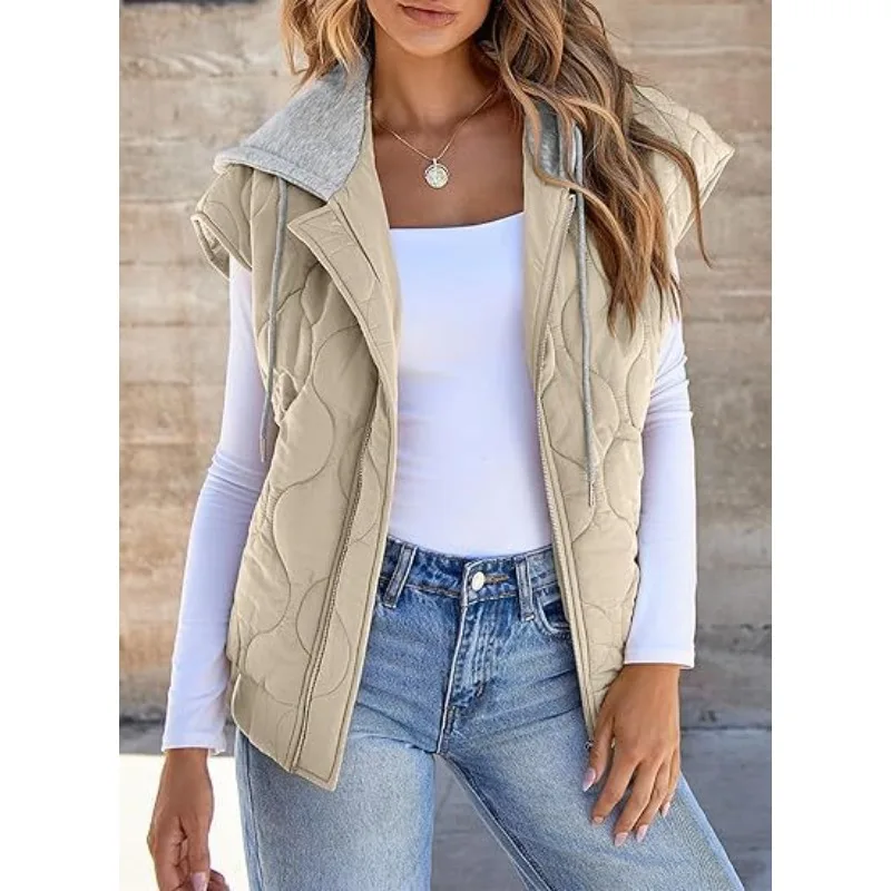 2025 Hot Autumn New Color Matching Sleeveless Jacket Women Simple Versatile Drawstring Hooded Vest Women