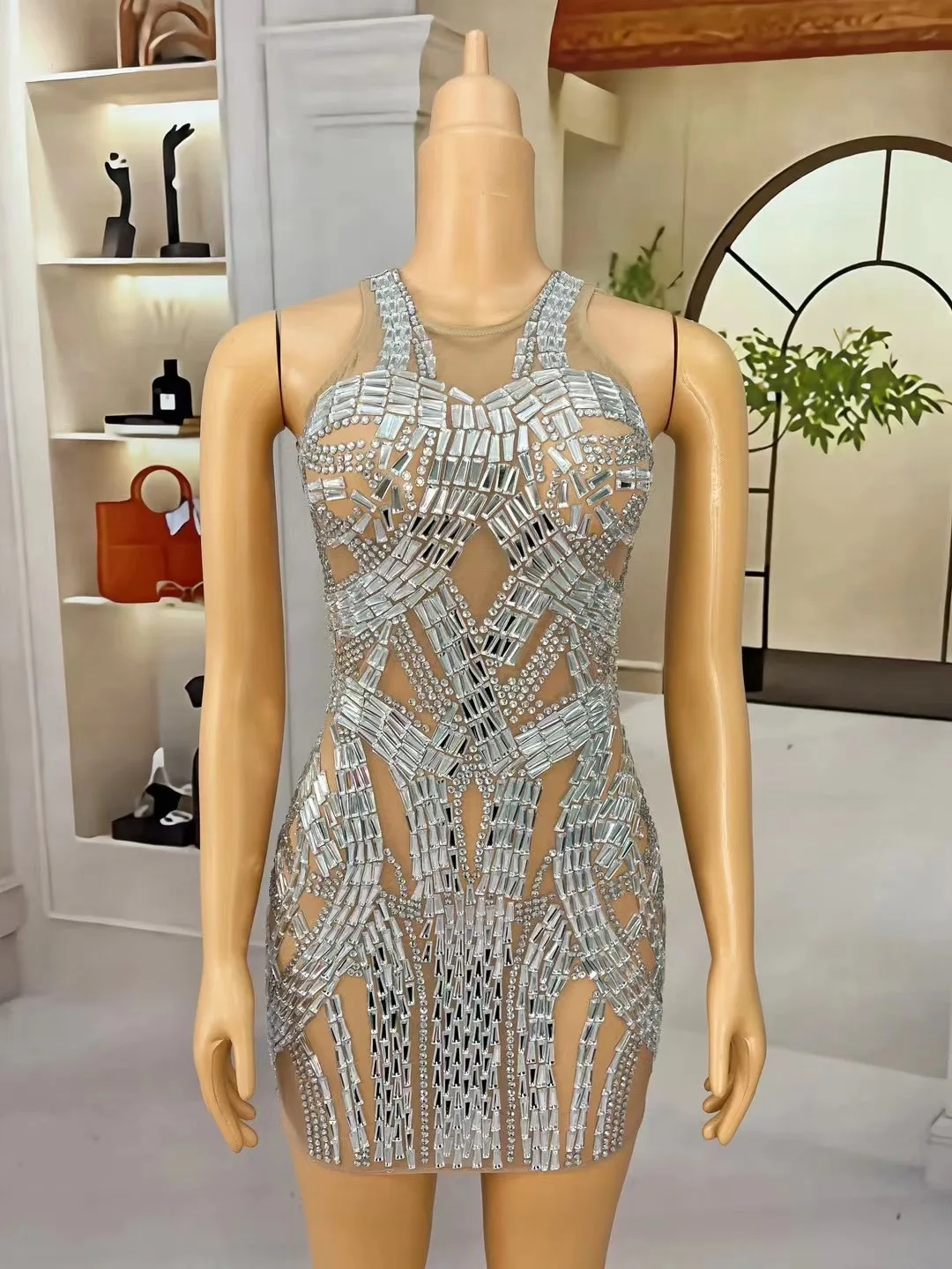 

Women Sparkly Rhinestones Silver Sleeveless Short Birthday Celebrate Party Outfit Singer Stage Costume Nightclub Prom Dress