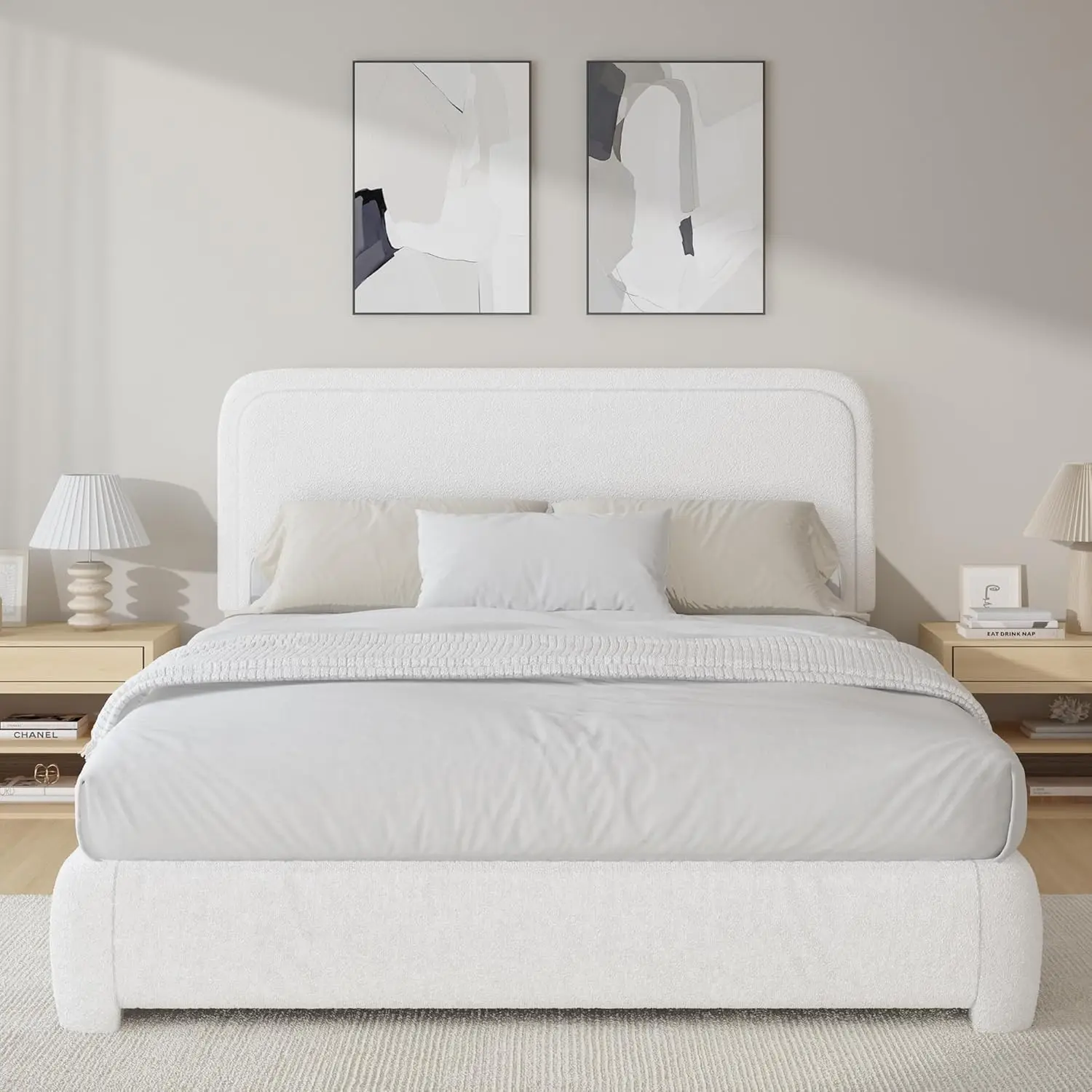 Full Size Bed Frame, Boucle Upholstered Platform Bed Frame with Headboard, Modern Style, Soft Rounded Corners