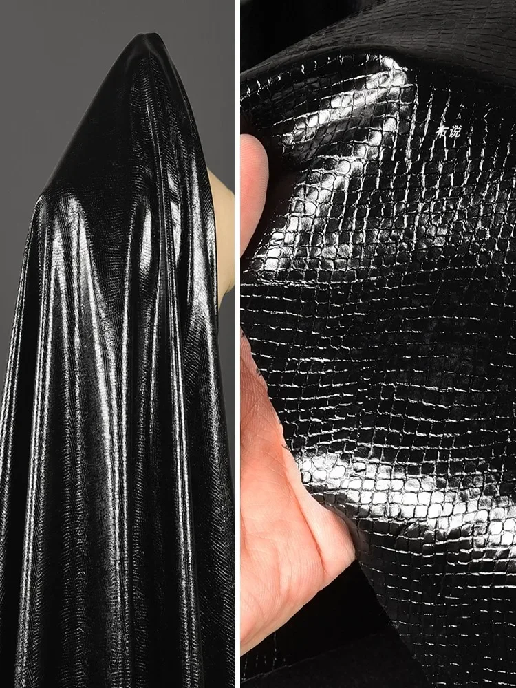 

Black Leather Fabric Snake Texture Creative Clothing Jacket Bag Designer Fabric PU Material Cloth Diy Apparel Sewing