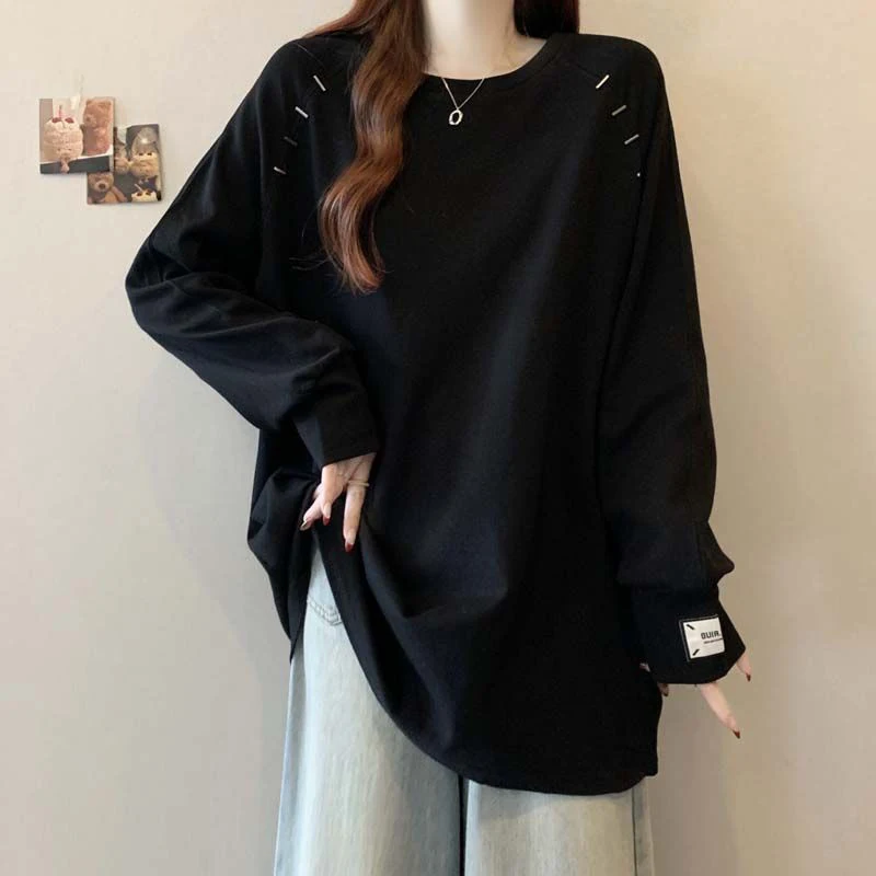 Women Plus Size Dralon Mid Long Long Sleeve T-shirt Autumn Winter New Shoulder Button Loose Slim Hide Fat Outer Wear Casual Top