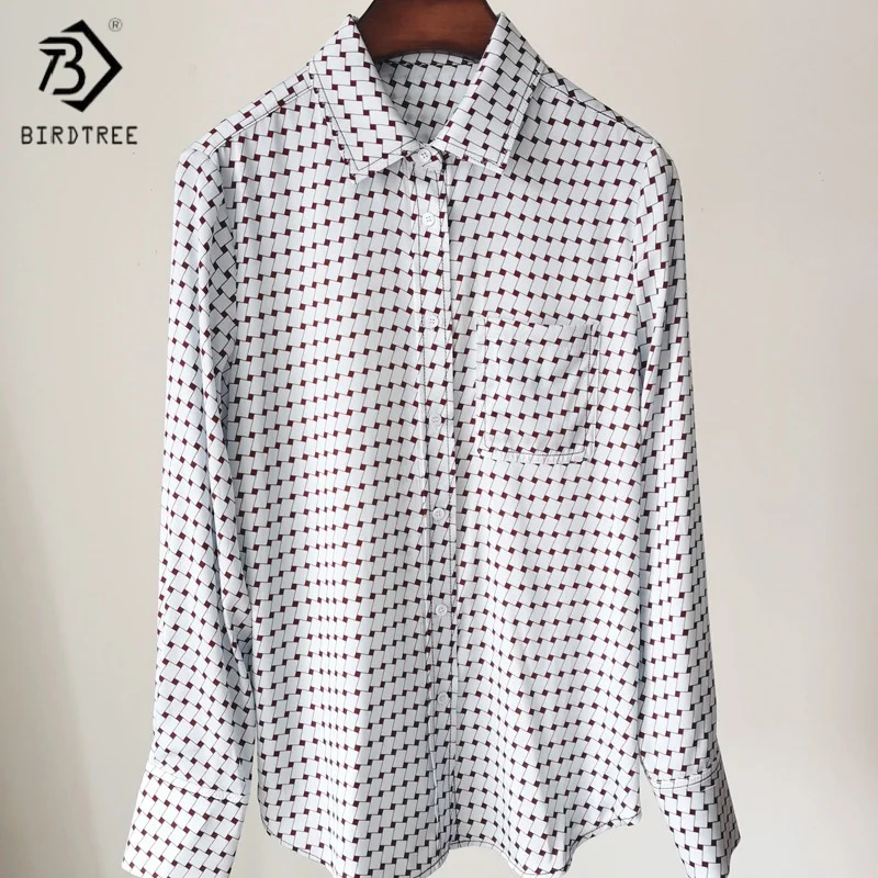 

Birdtree,22MM 92% Real Silk 8% Spandex Print Blouse,Women's Lapel Neck Loose Tops,Single Breasted,2025 New Casual Shirt T5D304JF
