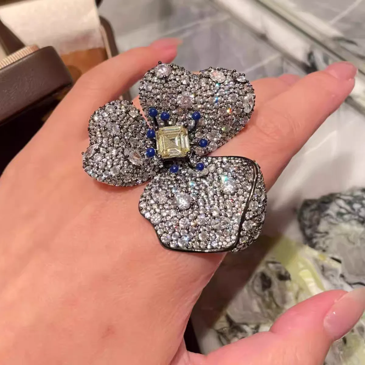 

KQDANCE New Sparkling Lady's White BLack Flower Rings 925 Silver Zircon Yellow Blue Gemstone Jewelry Party Gifts