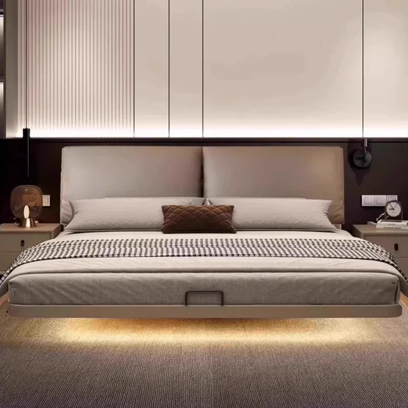 150x200 180x200 cm Modern Levitation Genuine Leather With Lamp Double Bed 2 People Full Size Bed Frame Beds Bedroom Furniture