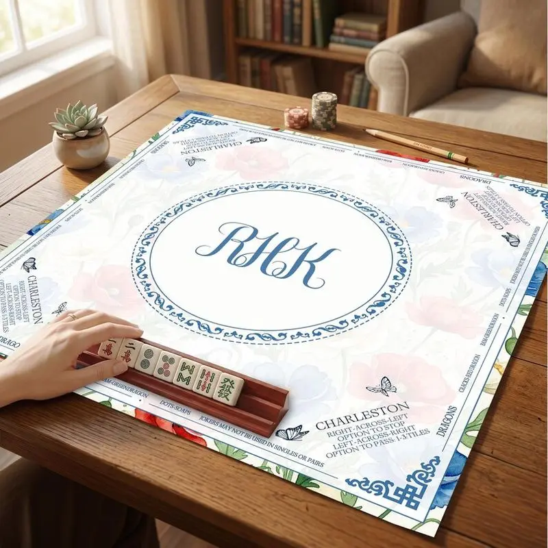 VIKAMA Poppy Butterfly Floral Mahjong Mat Chinese Border Silent Pad Beginner American Mahjong Domino Cover