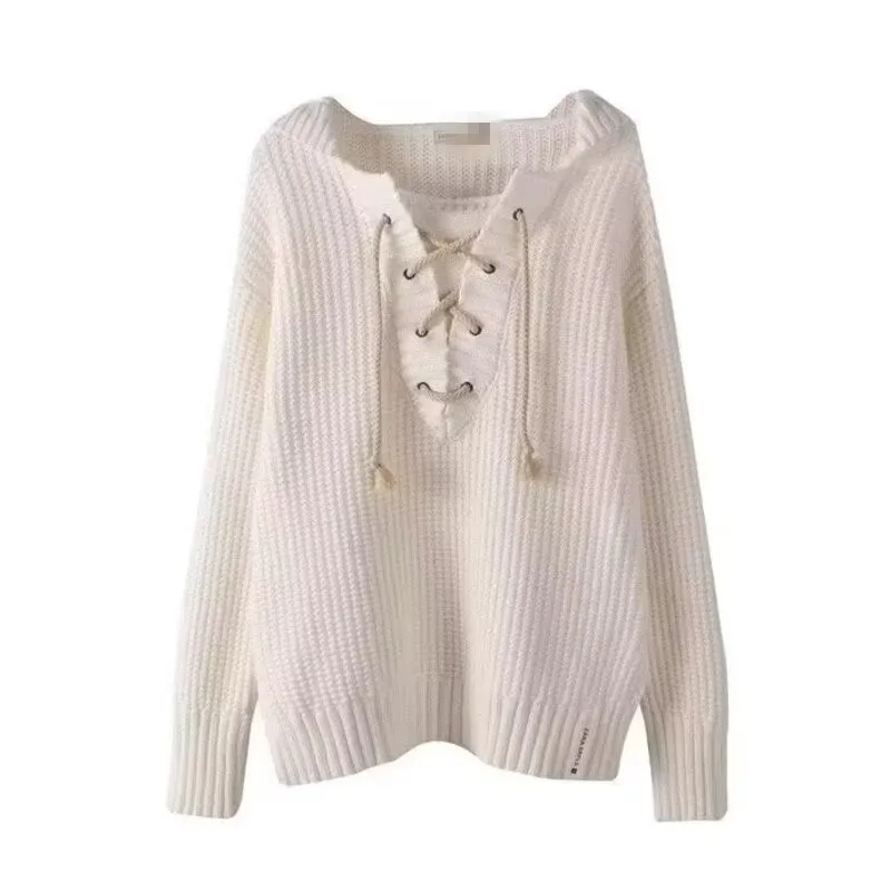 

Ele 2024 Autumn Winter New Women's Knitted Hat Small Side Slit Dstring Ne Top Commute Sle Long Sve Regular Length