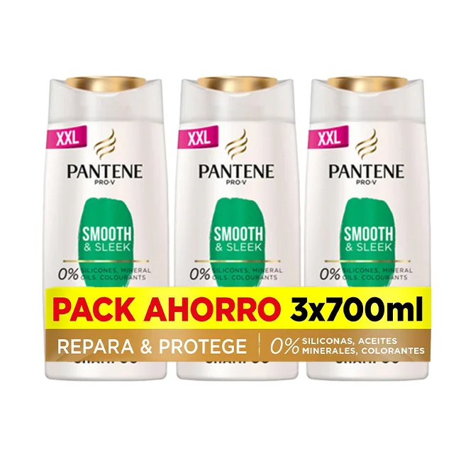 Pantene Champu, smooth and sleek, 3 x 700 ml, Como Vitaminas Para El Cabello, Sin Siliconas