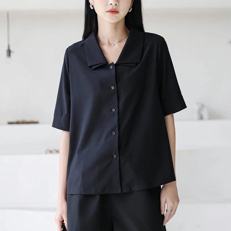 Y2K Double Collar Chiffon Shirt Korean Fashion All Match Women Half Sleeve Tops Summer Casual Office Ladies Black Blouse