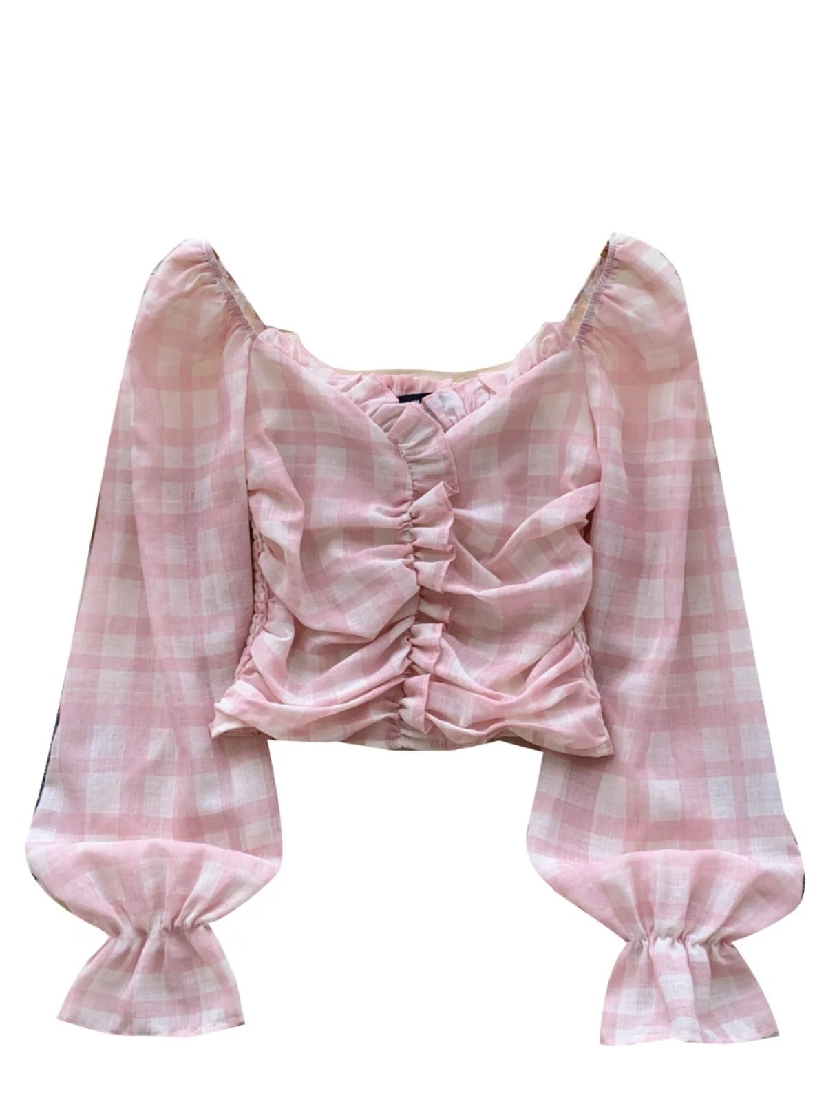 Sweet Versatile Plaid irt Women's New 2025 Gentle Sle Square Collar Pleated Waist ort Length Belly Button Exposure irt