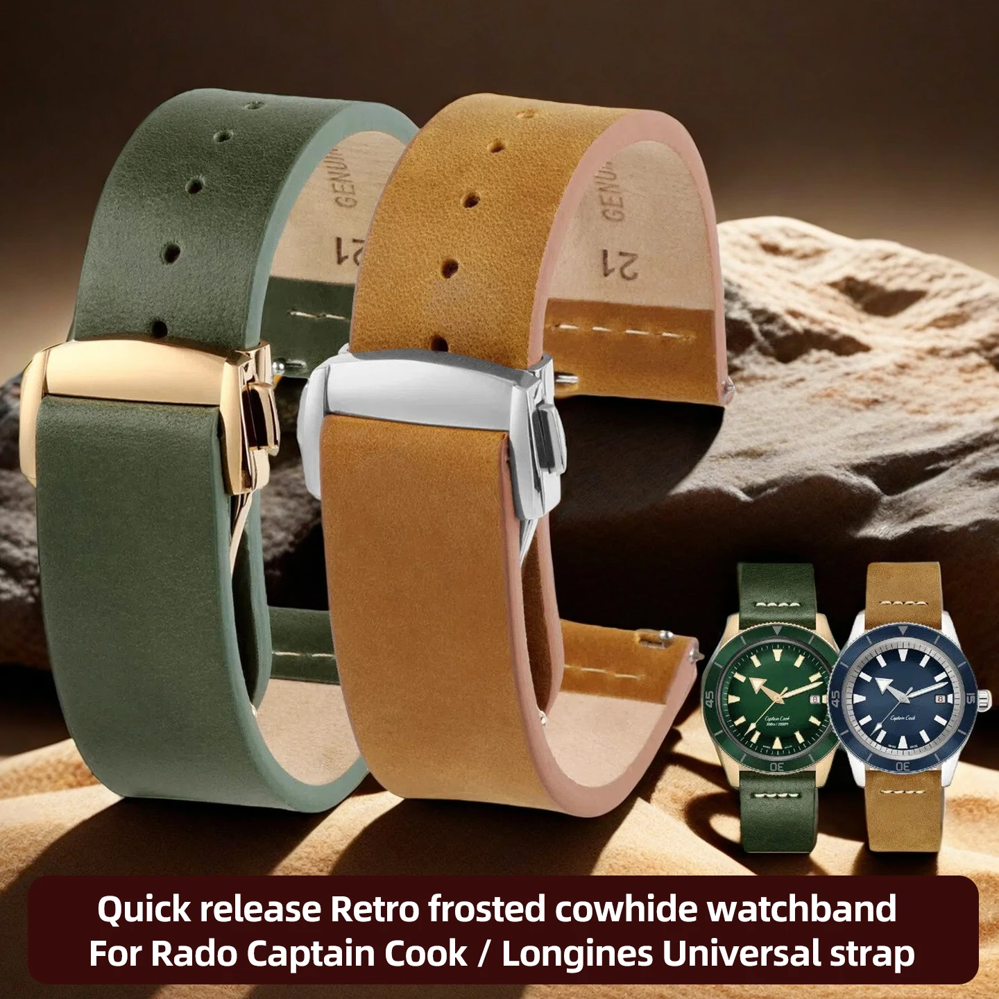 Quick release watch chain For Rado Captain Cook R32505315 32505205 series Longines Retro frosted cowhide watchband 19mm 21mm
