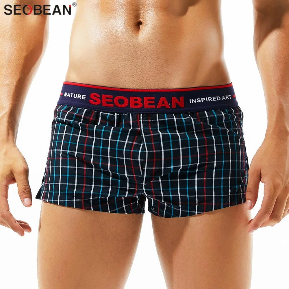 Seobean Underwear Men\'s Boxers Shorts 100% Cotton Plaid Panties Men Boxer Home Shorts Loose Lounge Sleep Shorts Man Underpants