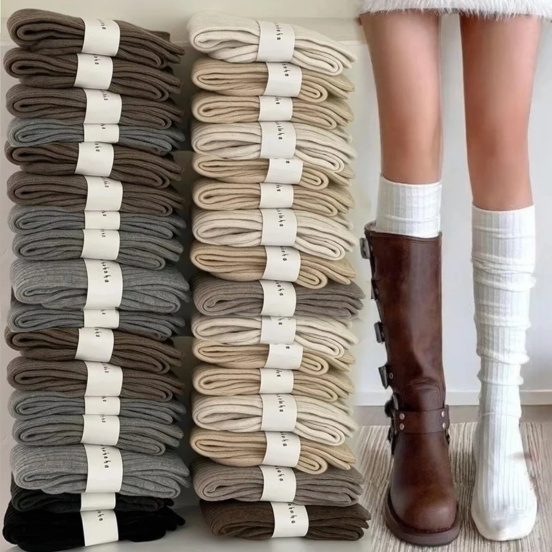 Warm Knee High Stockings Warm Women Girls Solid Color Vertical Stripe Coldproof Long Socks Fashion Boots Japanese Style Female