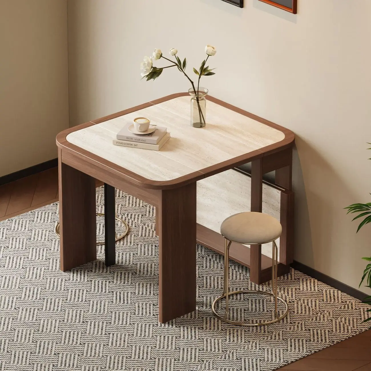 Retractable dining table, solid wood small household, medieval rock slab folding dining table