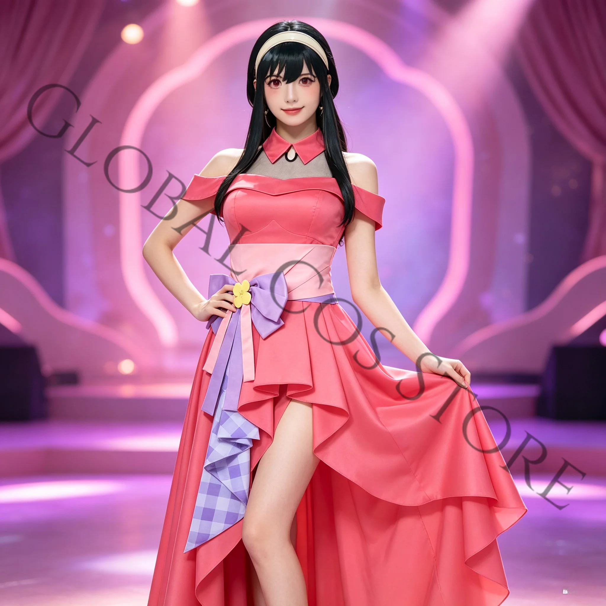 Anime Spy Meet-up Yor Forger Cosplay Costume Pink Halter Dress Off-Shoulder Gown Purple Bow Flower Decor Slit Skirt Halloween