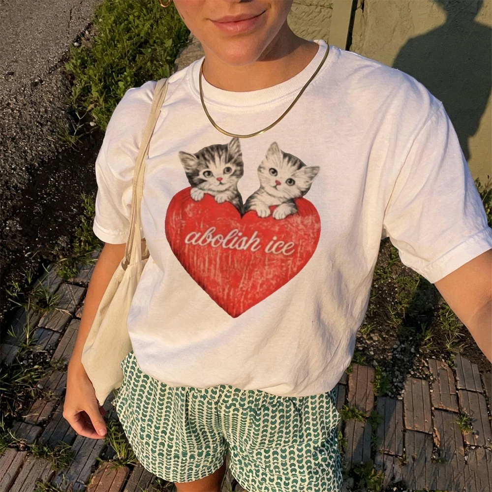 Abolish Ice Cute Kittens Sitting on Red Heart Graphic Women Vintage T Shirt Trendy Animal Lover Tops Summer Casual Vibe Gift