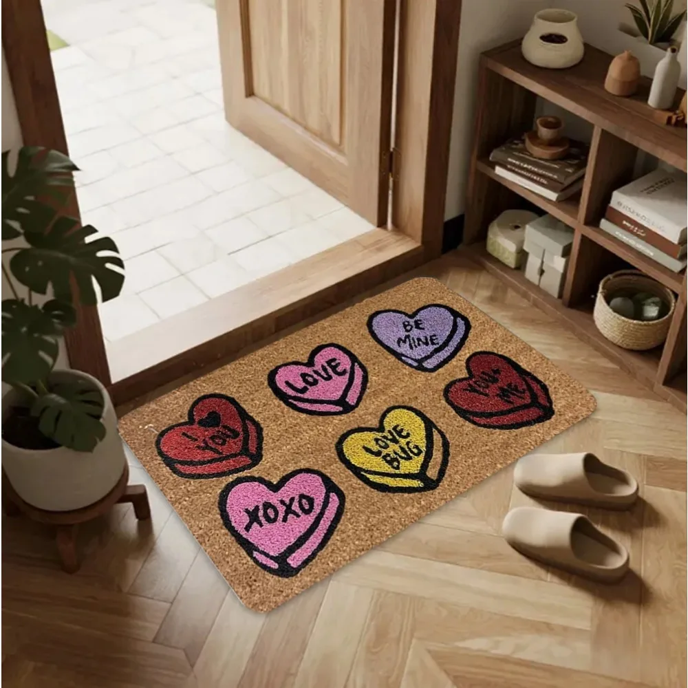 Colorful Heart Pattern and Love Phrases Non-Slip Floor Mat, Valentine Style Welcome Rug for Porch and Entryway