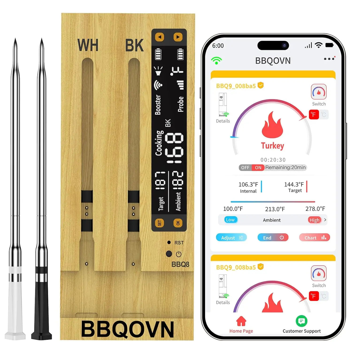 

WiFi Sub-1G Wireless Meat Thermometer, 7 NIST Certified Sensors, Dual Temp Monitoring, App Control for BBQ, Smoker, Grill