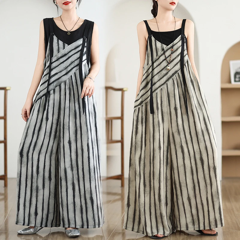 Trendy Uneven Striped Wide Leg Pants Loose Straight Cut Summer Casual High Waist Overalls for plus Size Women