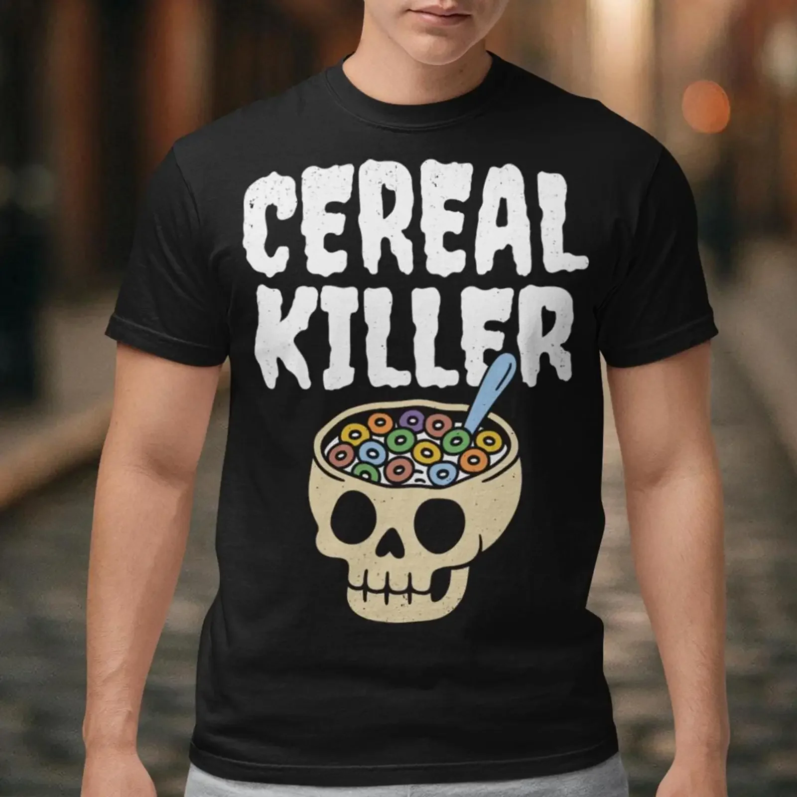 Cereal Killer Skull Bowl T Shirt Breakfast Humor Creepy Cute vintage Washed homme Slightly Breathable Stretched streetwear