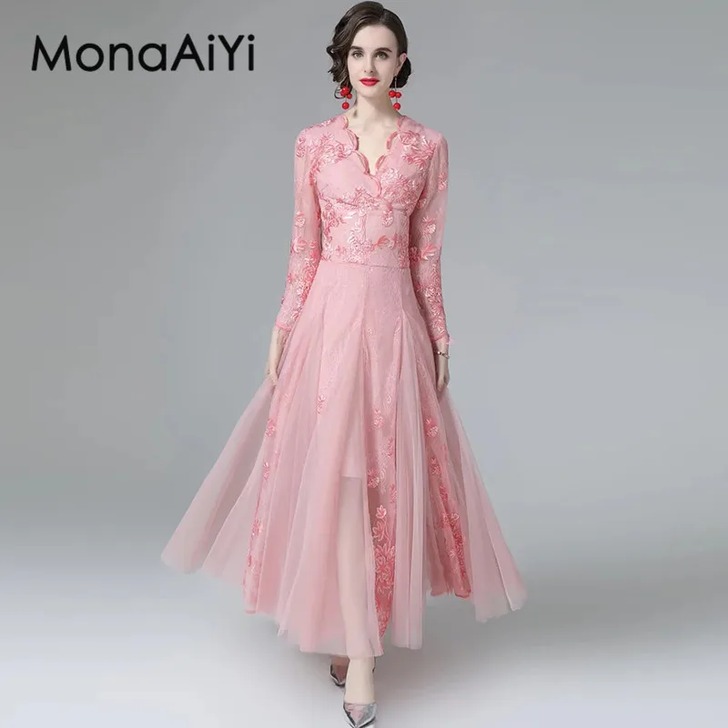 MonaAiYi Autumn Women's Dress V-Neck Long Sleeved Mesh Embroidery High-End Slim New Fashion Big Swing Dresses