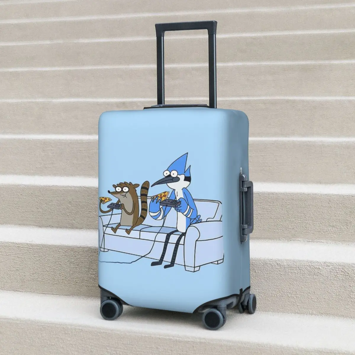 

Mordecai And Rigby Pizza And Video Games Suitcase Cover Protection Elastic Travel Luggage Protector Covers for 18-32 Inch