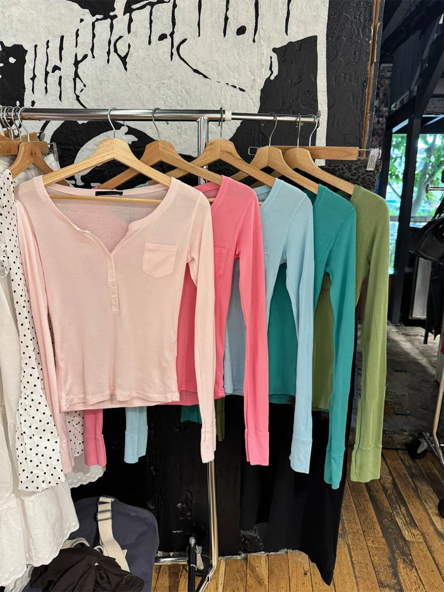 Nine Buttons Peachy Pink Long Sleeve T-shirt Women Autumn Pocket O-neck Cotton Slim Tshirts Sweet Solid Casual Tee Tops Y2k New