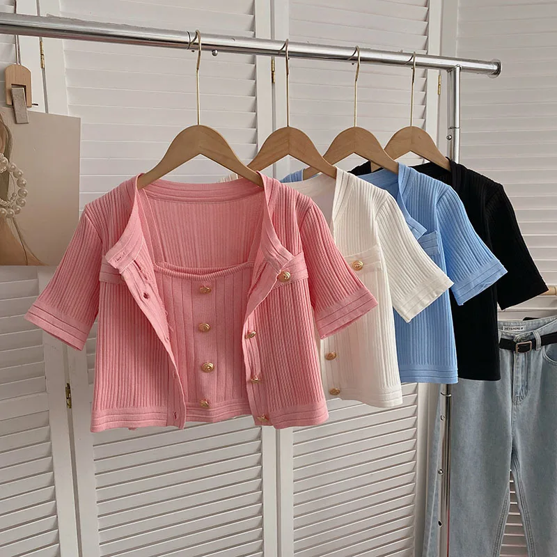 2023 Summer New Korean Elegant Single Breasted Short Sleeve Knitted Cardigan+Bottom Sleeveless Strap Vest Set For Women