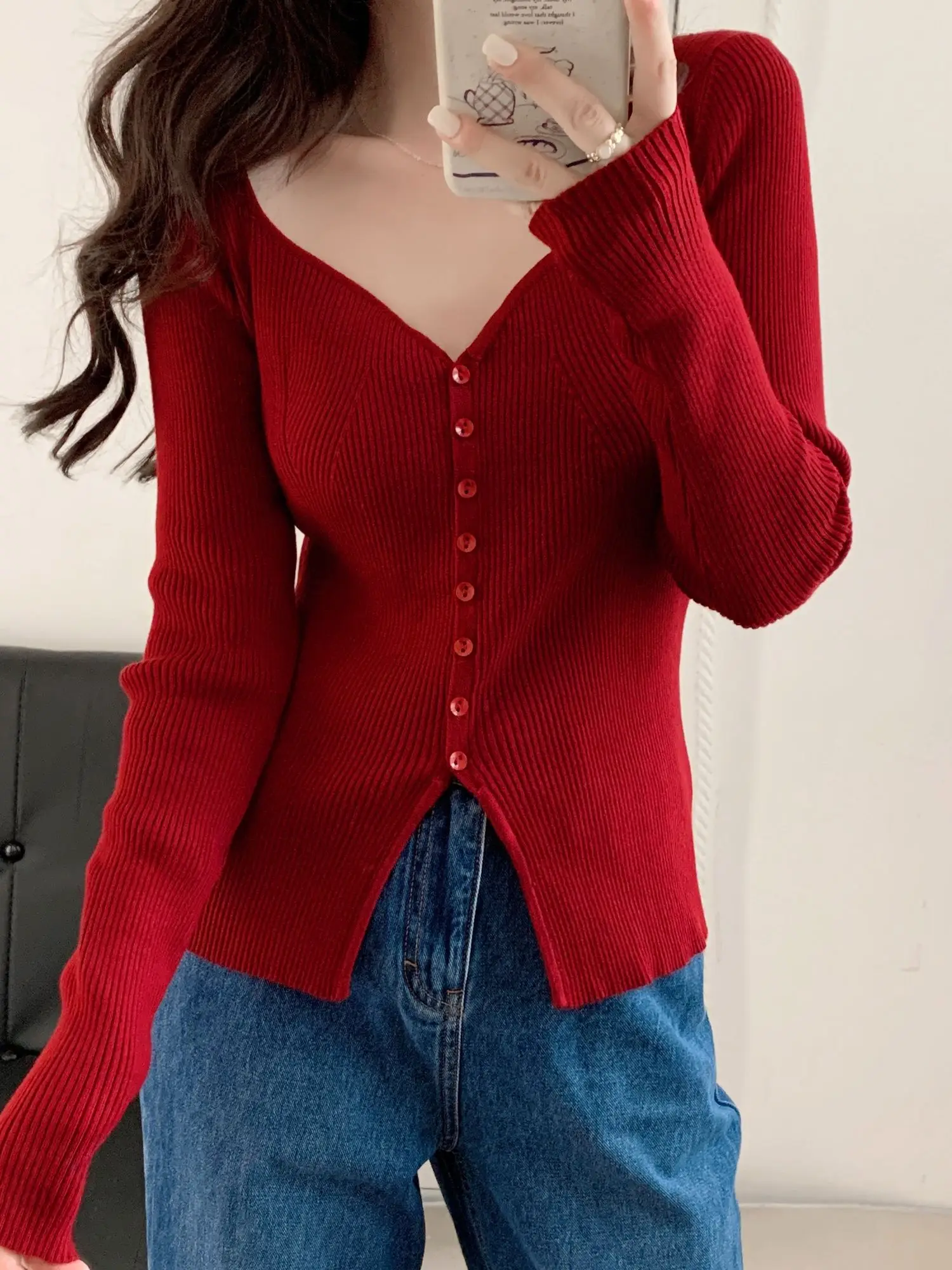 Sweet New Wine Red Single Breasted V-neck Sweater Cardigan Thick Sweater Fashion Korean Women Autumn Sweet 9CGQ