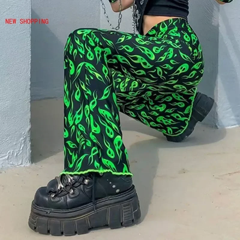 Harajuku Green Fire Print Flare Pants Emo Drunk Style High Waist Bell Bottom Sexy Women Streetwear Y2K Punk Trousers Winter Fall